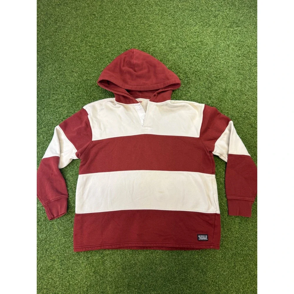 Levis‎ Mens Relaxed Fit Hooded Rugby Shirt Burgundy Cream Striped Fleece Medium